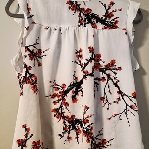 Sweet Rain White Sleeveless Tunic with Red Floral Branch Print
